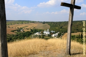 Vedere dinspre crucile din vîrful stîncii „Golgota” spre mănăstirea Dobruşa