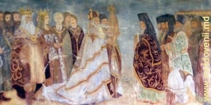 Alexandru cel Bun şi alaiul domnesc la întâmpinarea moaştelor Sf. Ioan cel Nou - frescă Mănăstirea Sf. Ioan cel Nou, Suceava
