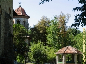 Vedere spre clopotniţa şi foişorul din curtea bisericii de la Cuhureşti