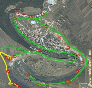 Harta traseului (marcată cu verde) şi locurile din care au fost făcute fotografiile (marcate cu roşu)